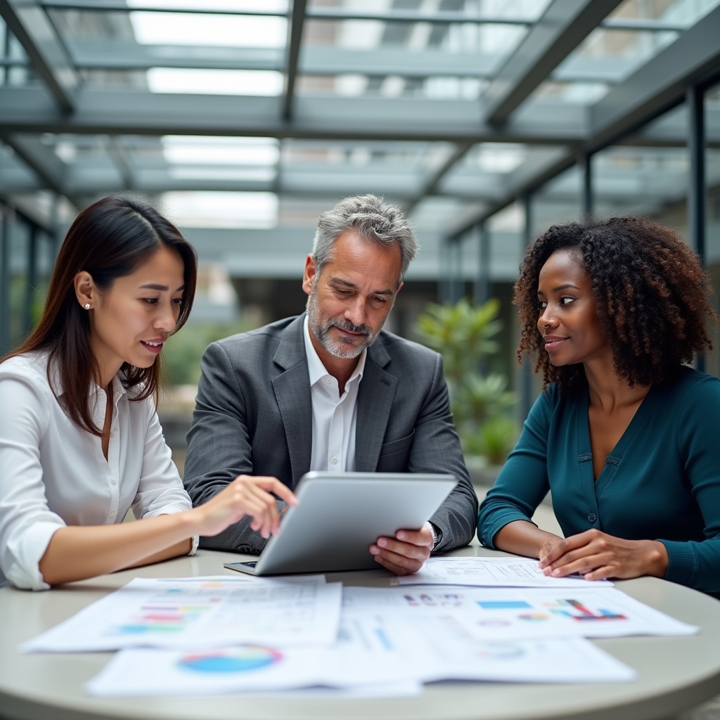 Diverse group of healthcare educators in their 30s and 40s reviewing educational materials at an outdoor rooftop workspace, collaborative, attentive expressions